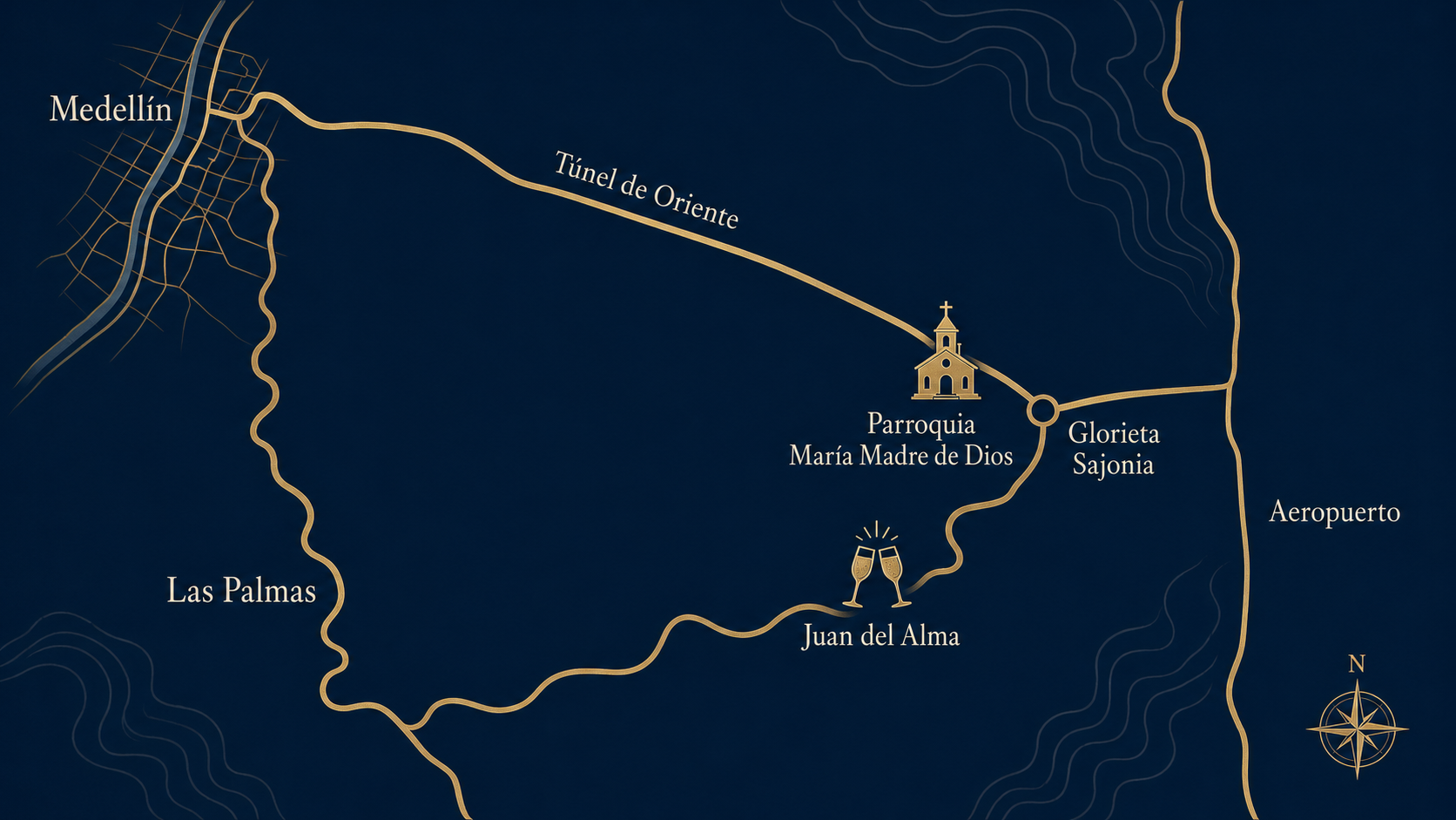 Mapa ilustrado desde Medellín por Las Palmas y el Túnel de Oriente hacia la Parroquia María Madre de Dios, Juan del Alma, la Glorieta Sajonia y el aeropuerto.